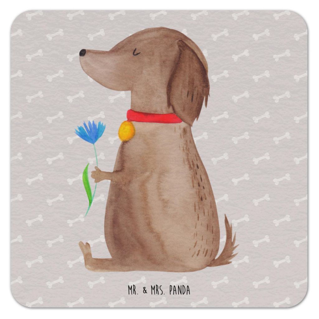 Mr. & Mrs. Panda Tischuntersetzer Hund Blume 25er Set - Grau Pastell - Geschenk, Hunde, Bierdeckel, Getränkeuntersetzer, Süß, Bierfilzl, Halsban...