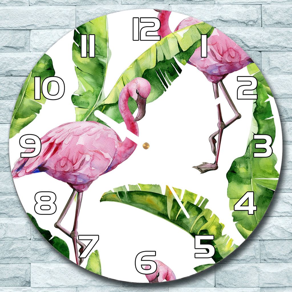 Wanduhr aus Glas Rund fi 30 Flamingo und Blätter Quarz Deko Wohnzimmer Büro