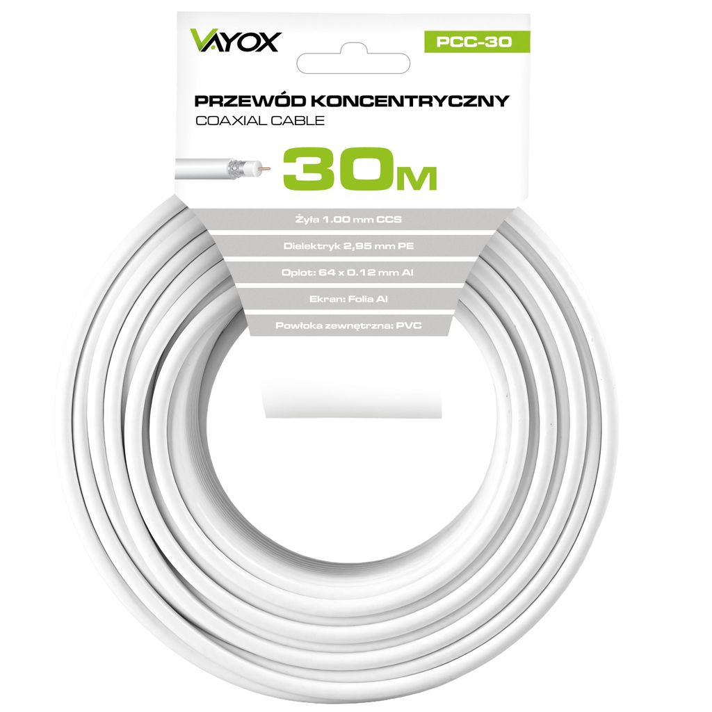 Vayox Kabel Koncentryczny RG6U PCC-30 | 30m | Biały Zdjęcie produktu 