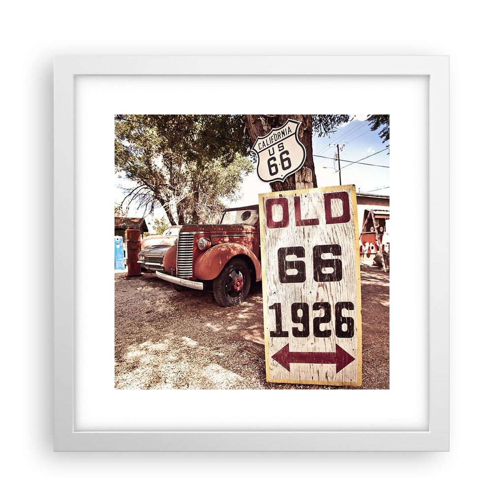 Gerahmtes Poster - Weißer Rahmen - Straße alt 66 USA - 30x30 cm - Wand Bild - Wanddeko - Wandbilder - Kunstposter - Wandposter - Bilderrahmen - B...