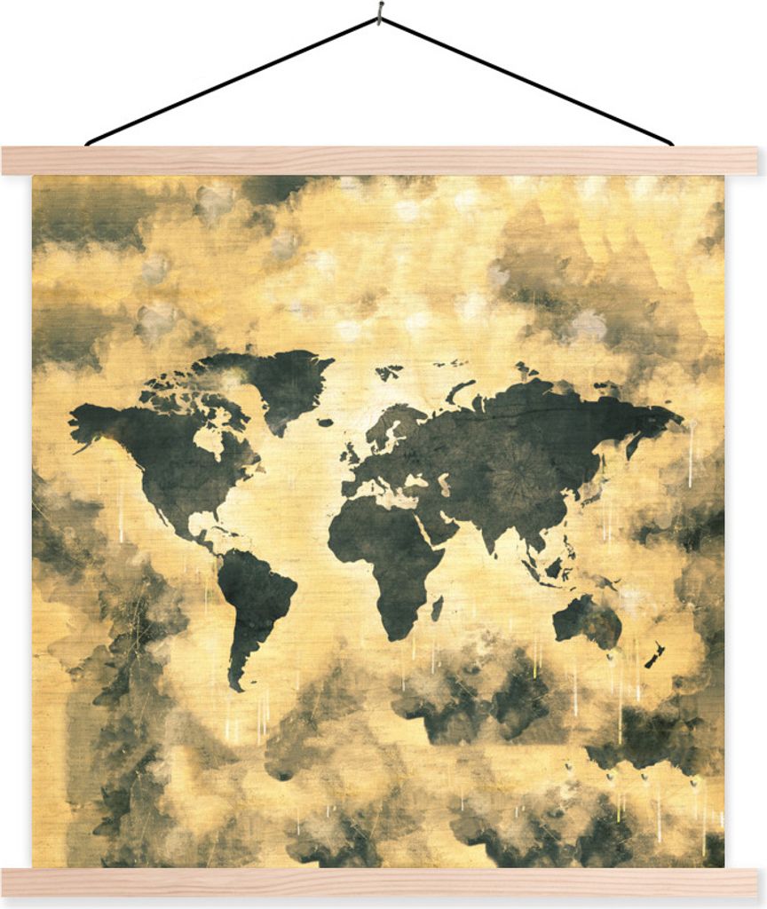 MuchoWow Textilposter Weltkarte - Rauchen - Abstrakt 60x60 cm mit holzfarbenen Rahmen - Wanddekoration