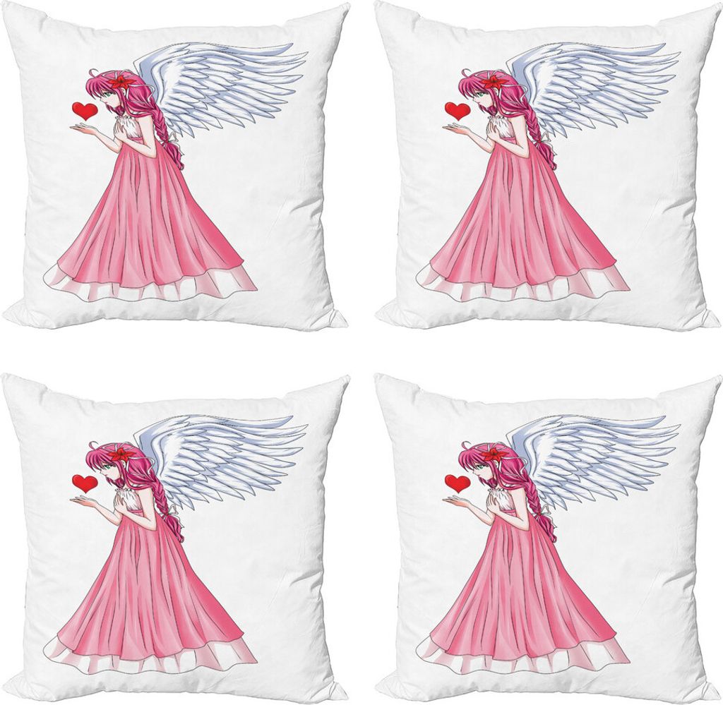 ABAKUHAUS Anime Kissenbezug Set (4 Stück), Engel, der ein rotes Herz, Moderner Doppelseitiger Digitaldruck, 60 cm x 60 cm, Rosa, Rot, Weiß