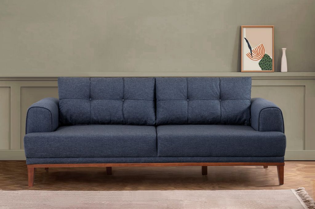 Hanah Home, Vina 3 - Dark, Walnut, 3-Sitzer-Sofa, Dunkelblau, 223 x 94 x 82 cm