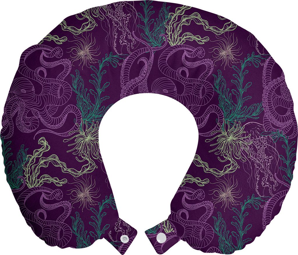 ABAKUHAUS Tintenfisch Reisekissen Nackenkissen, Sea Wildlife, Schaumstoff Reiseartikel für Flugzeug und Auto, 30x30 cm, Dark Purple Hellgrün