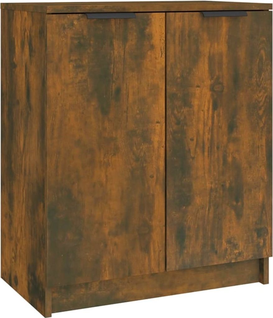 A front view of a wooden shoe cabinet with two doors.
