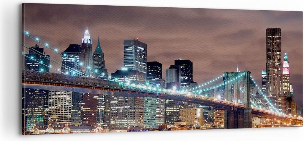 Bild auf Leinwand - Leinwandbild - Stadt Brücke Wolkenkratzer - 100x40cm - Wand Bild - Wanddeko - Leinwanddruck - Bilder - Kunstdruck - Wanddekora...