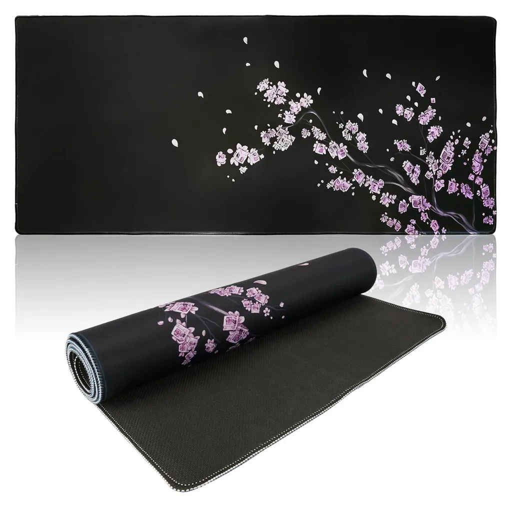Tapis de souris gaming XXL noir 900x400x3mm motif fleurs de cerisier