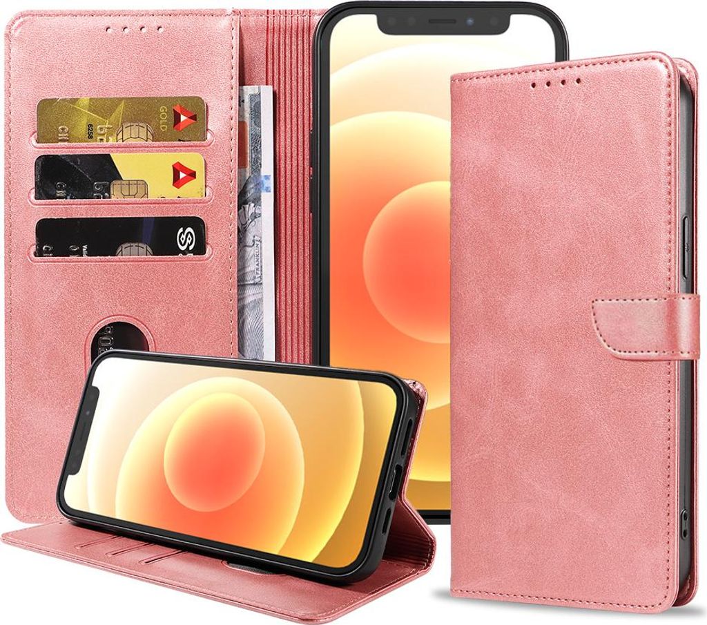 Fit für iPhone 12 Mini Handyhülle Kunstleder mit magnetischer Lippe und Kartenhalter Buchhülle mit Klappe - Pink - Smartphonica