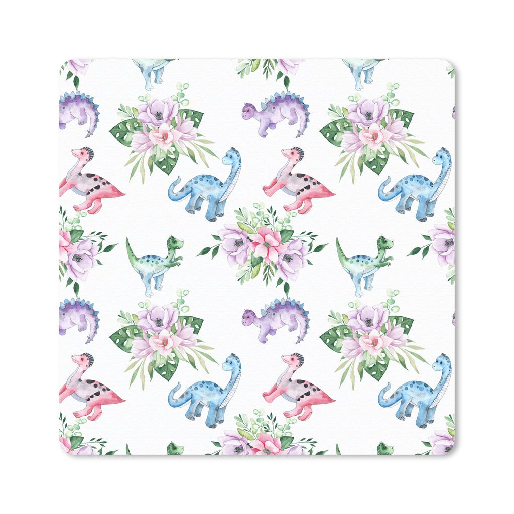 MuchoWow Mauspad Mousepad Kinderzimmer - Dinosaurier - Blumen - Mädchen - Kinder - Rosa - Kind 30x30 cm - Mousepads - Maus Mat - Pad - Mausunter...