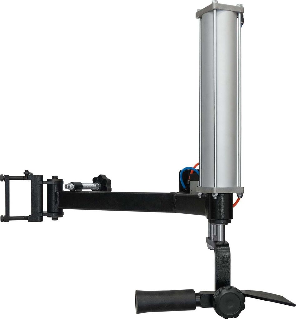 A product shot of a tire mounting tool with a pneumatic cylinder.