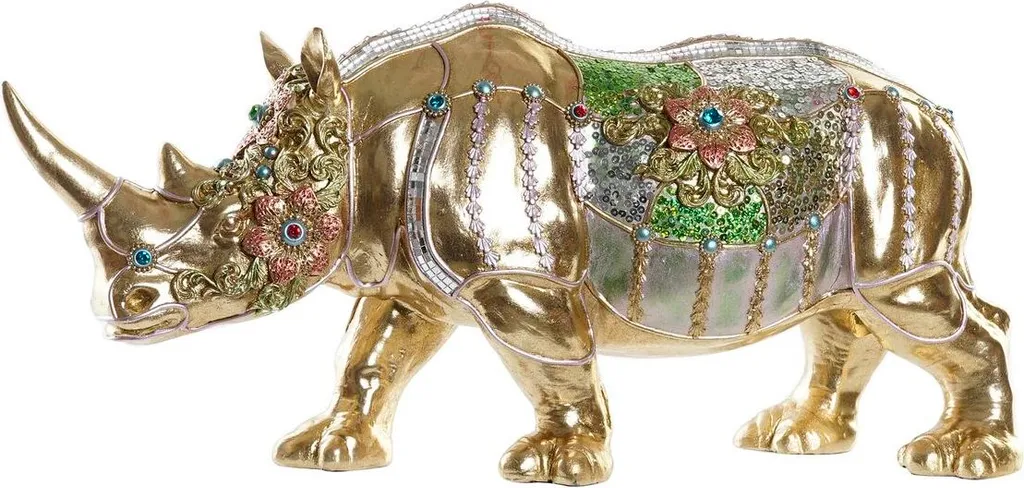 Grande Sculpture Rhinocéros Or et Multicolore 55cm Déco Chic en Résine