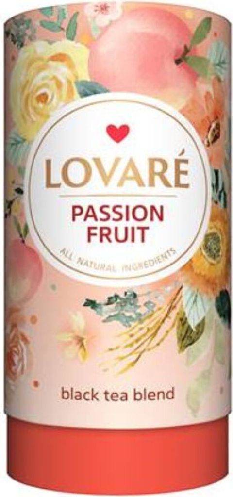 A cylindrical tea tin with floral and fruit illustrations.