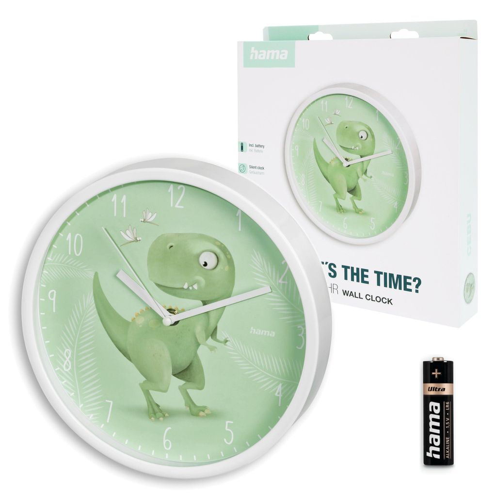 Hama Kinder Wanduhr Cebu (ohne Tickgeräusche, analoge Quarzuhr geräuscharm, Ø 25cm, Dinosaurier Motiv, für Kinderzimmer, Dinouhr, mit Stunden-,...