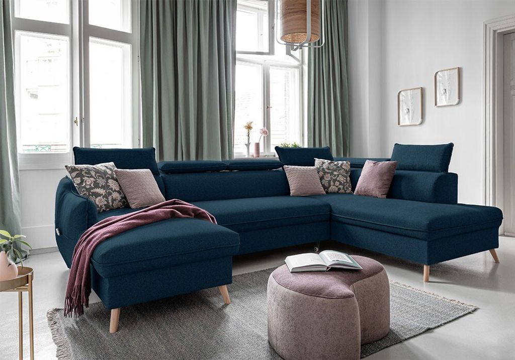 MIUFORM Sweet Harmony - Ecksofa mit Bettfunktion und Bettkasten U-FORM RECHTS - 321x208cm - Tiefblau - Sofa Schlafsofa Couch