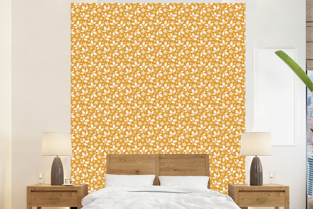 MuchoWow Fototapete für Wohnzimmer oder Schlafzimmer Wandtapete Vinyl Motivtapete Muster - Blätter - Blumen - 225x280 cm - Wohnzimmer tapete