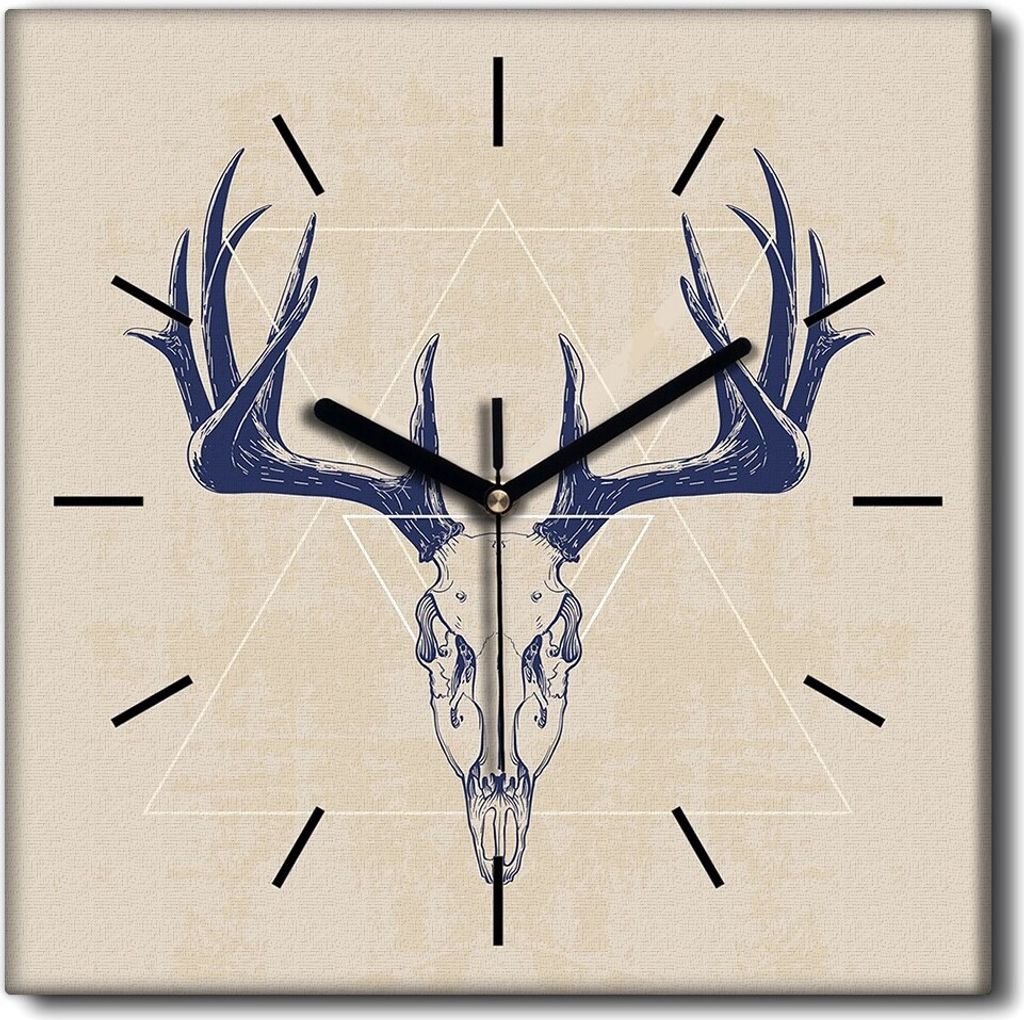 Coloray Uhr auf Leinwand 30x30 cm Wand Uhr Dekoration Wohnzimmer Segeltuch schwarze Hände -Dreieck-Hirsch-Schädel.