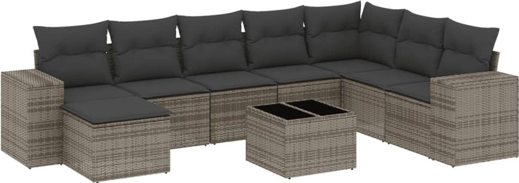 9-tlg. Garten-Sofagarnitur mit Kissen Grau Poly Rattan