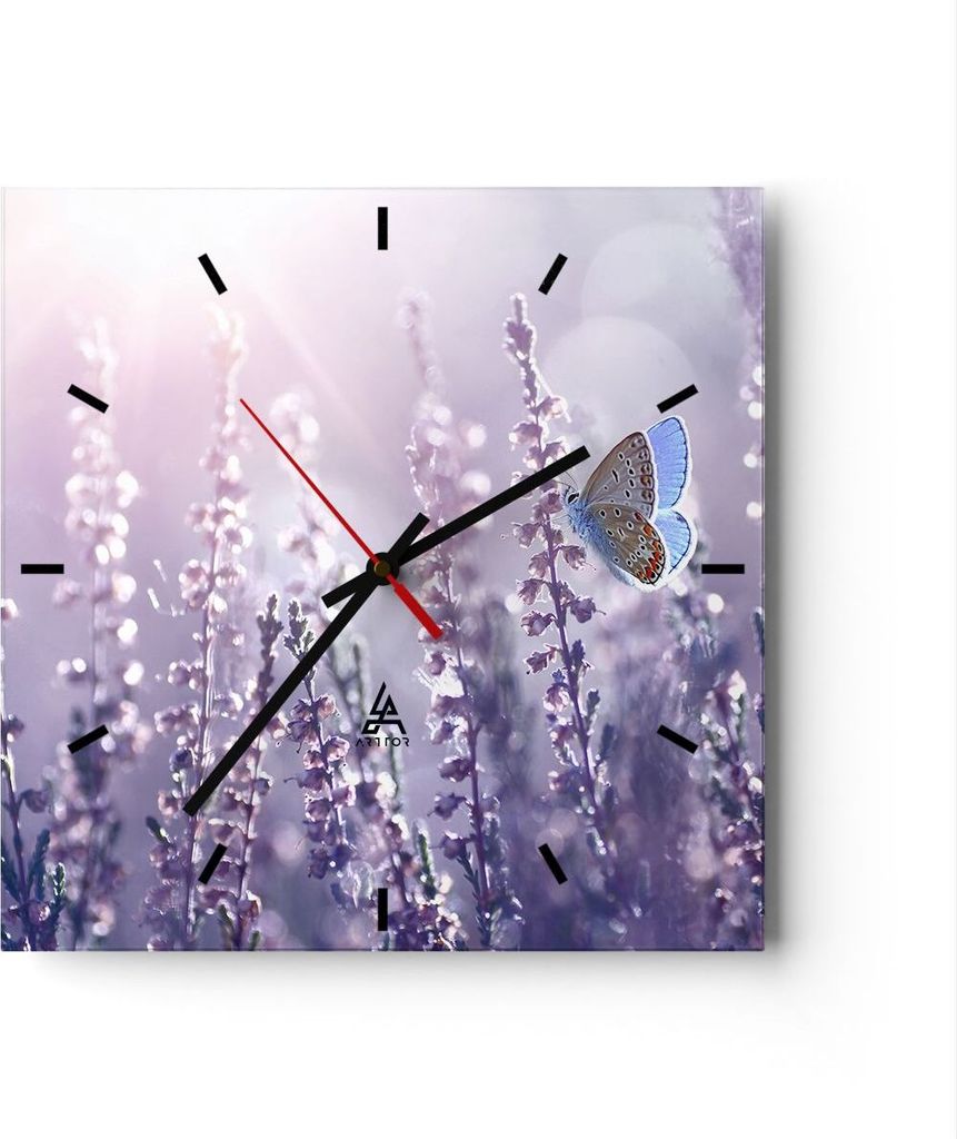 Wanduhr - Quadrat - Glasuhr - Schmetterling Wiese Blume - 30x30cm - Schleichendes Uhrwerk - Lautlos - zum Aufhängen bereit - Dekoration Modern - W...