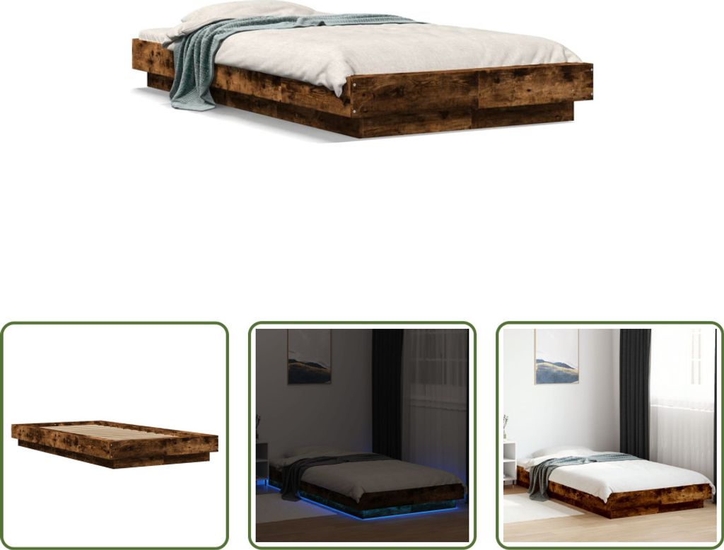 The Living Store Bettgestell mit LED Räuchereiche 90x190 cm Holzwerkstoff