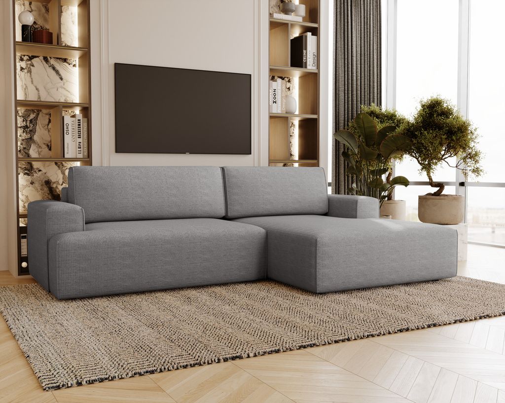 Ecksofa mit Schlaffunktion Boston - Eckcouch, Bettkasten, Kleines Sofa, Rechts, Grau (Memphis 18)