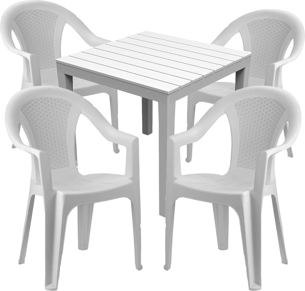 Sitzgarnitur Bistrogarnitur 5-teilig Weiß Rattan/Holzoptik Produktbild 