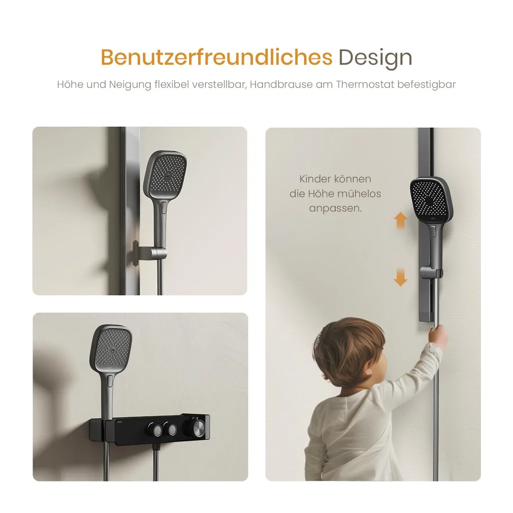 Douche thermostatique avec réglage de débit et douchette multi-jets mate