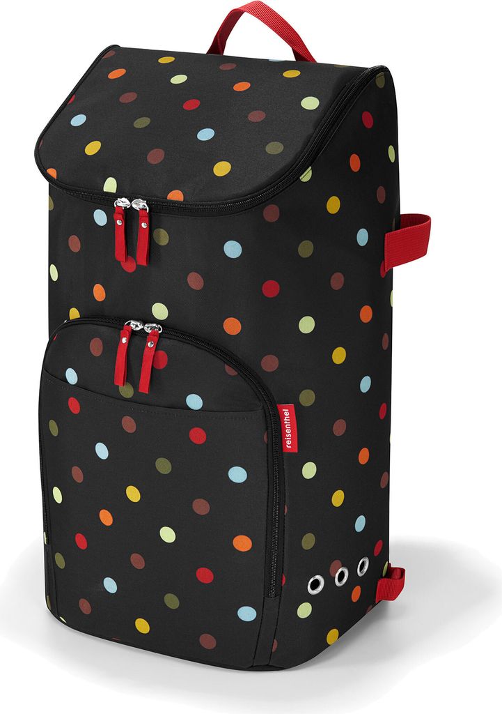 A black backpack with colorful polka dots and red accents.