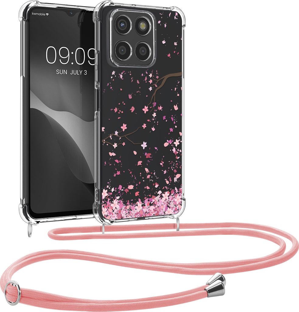 kwmobile Necklace Case kompatibel mit HONOR X6a Hülle - Silikon Cover mit Handykette - Rosa Dunkelbraun Transparent Kirschblütenblätter