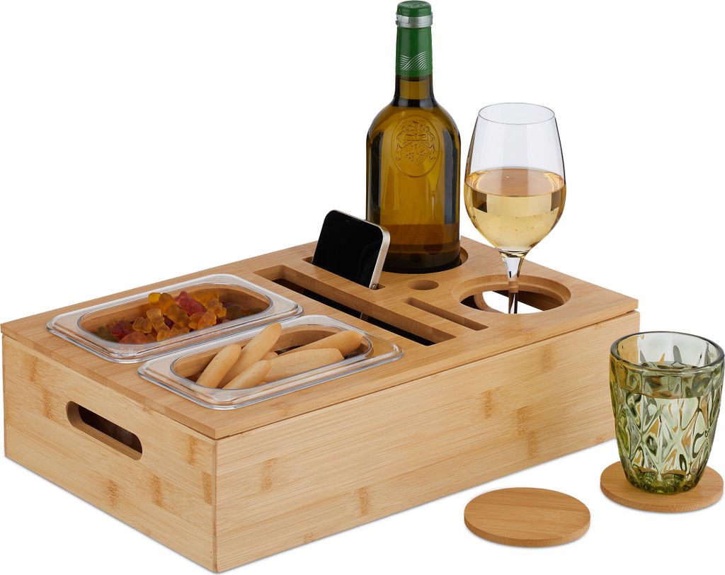 Relaxdays Couchbar, bambù, 2 vassoi porta snack, Immagine del prodotto 