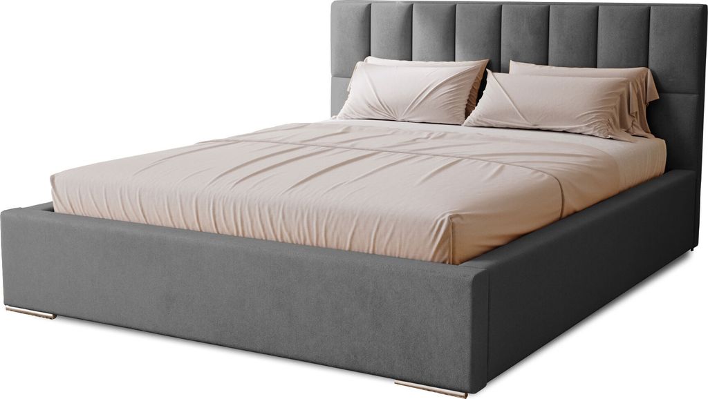 Polsterbett Dream 120x200 cm, Bett mit Kopfteil, Doppelbett mit Bettkasten, Lattenrost und Matratze aus Holz, Velourstoff: Dunkelgrau
