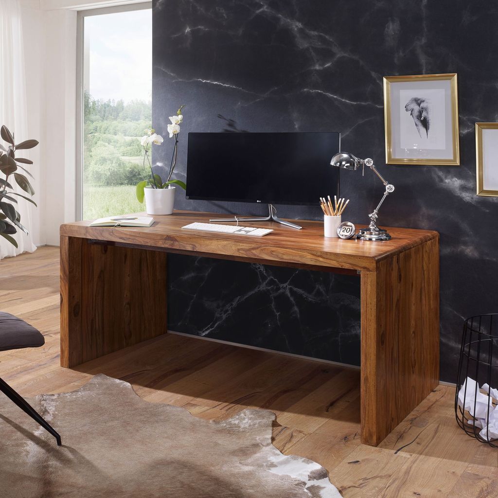 FineBuy Schreibtisch Massiv-Holz Sheesham 160 cm Computertisch Echtholz Design Ablage Büro-Tisch Landhaus-Stil