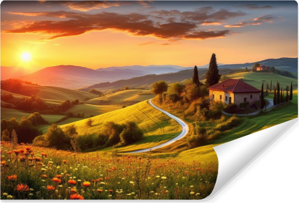 Muralo Vlies Fototapete LANDSCHAFT Blumen Wiese Sonnenuntergang Br. 315cm x Hö. 210cm