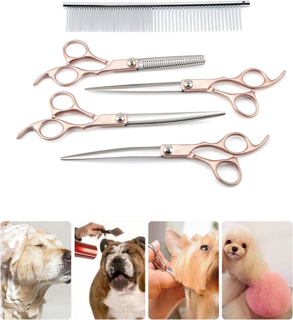 Haustierpflege Scheren Set 7" Edelstahl Scharfe Scheren Kamm Set - Professionelles Trimmwerkzeug für Haustier Hund Katze - 4PCS Gold