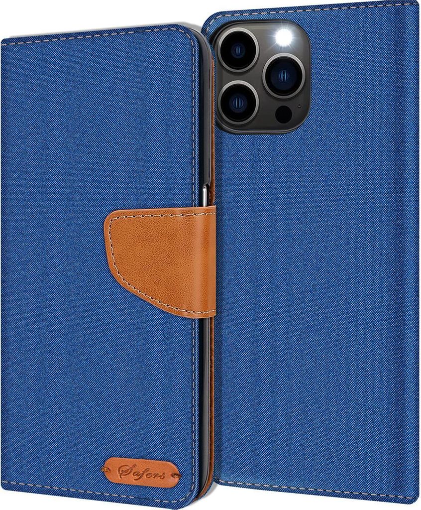 Conie Jeans Style Klapp Tasche für iPhone 16 Pro Max Kartenfach Hülle Rundumschutz in Blau