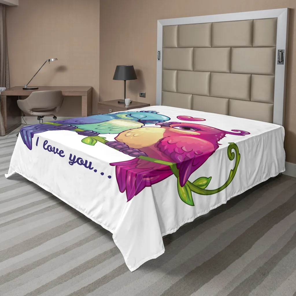 Drap de lit infroissable 260x228 cm Perroquets Artistique Rose Blanc