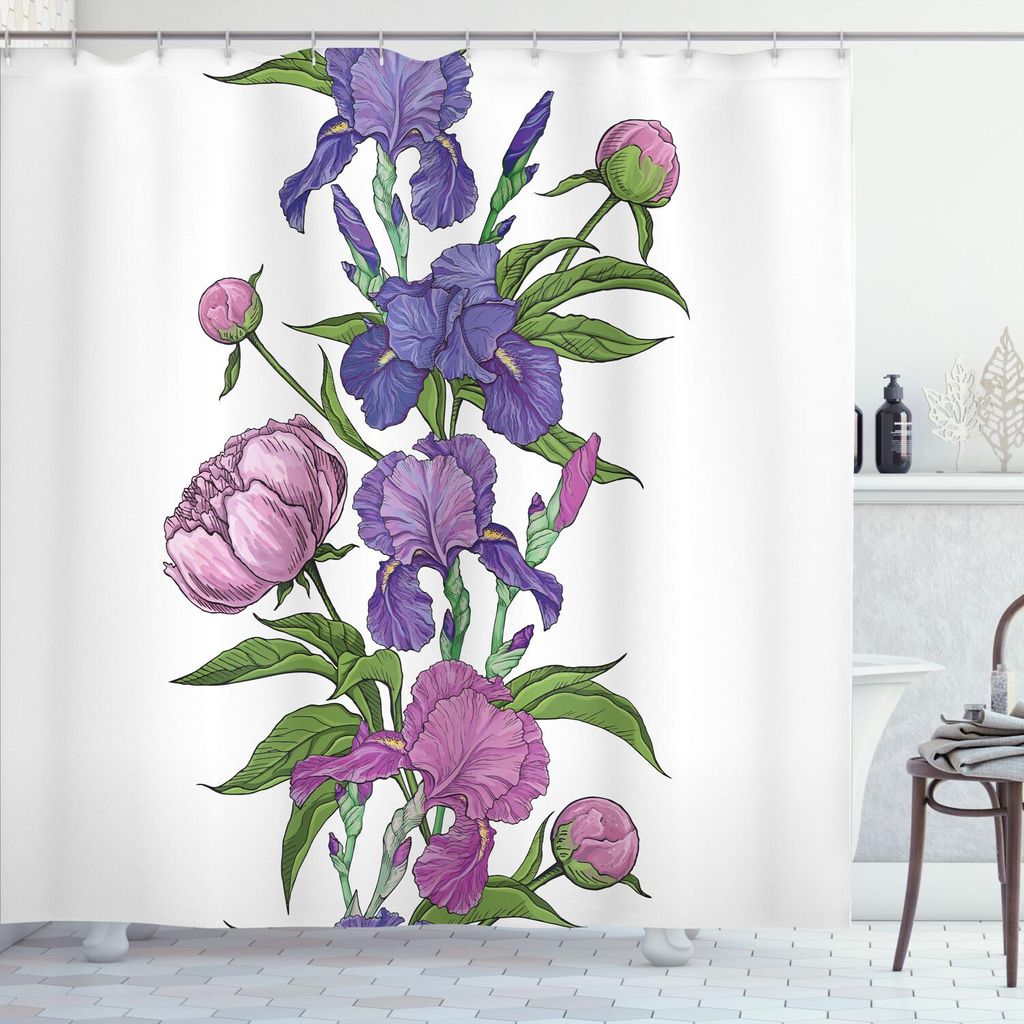 ABAKUHAUS Pfingstrose Duschvorhang, Naive Hand gezeichnete Blumen lila Tönen Iris Blume, 175 x 200 cm, Mehrfarbig Weiß