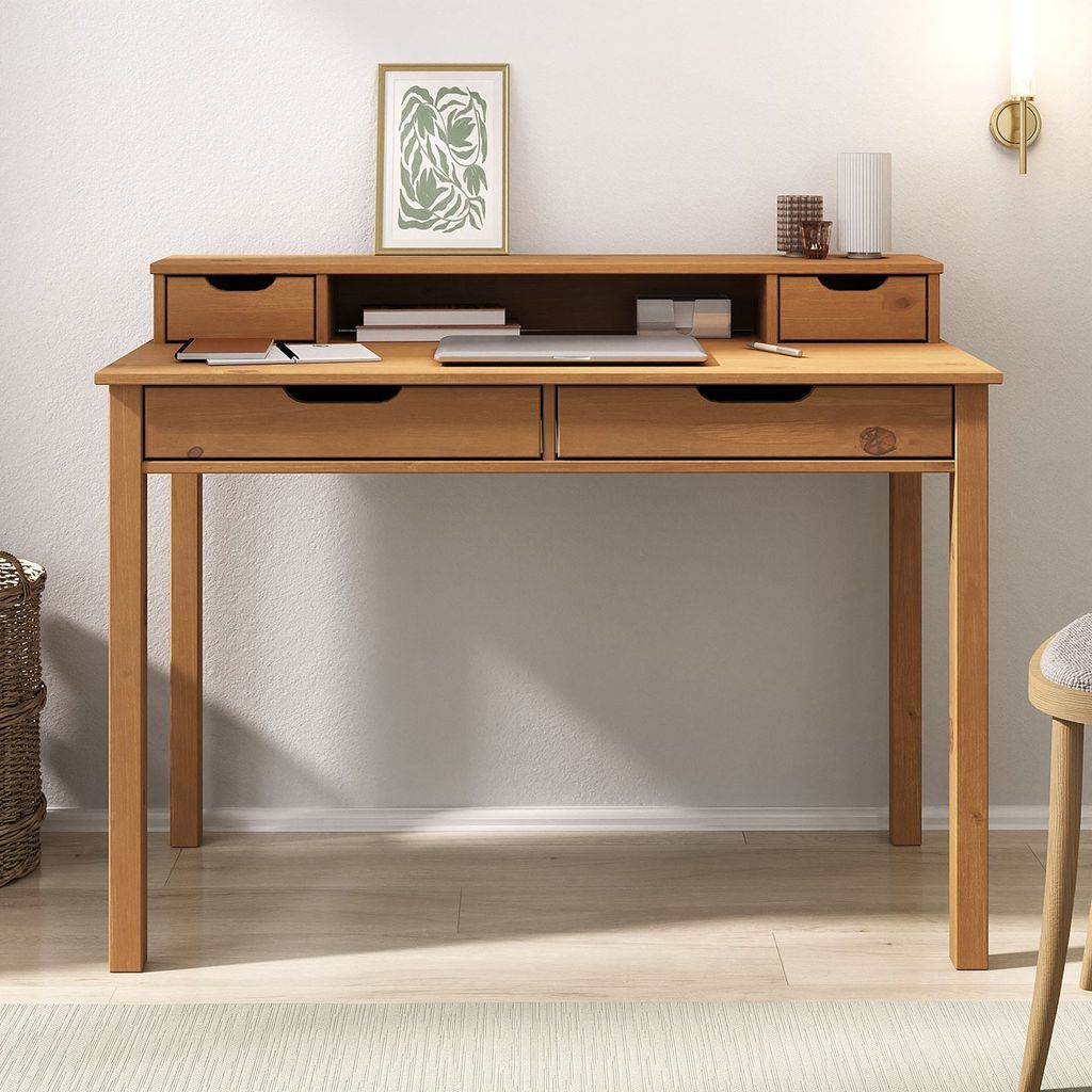 Schreibtisch RAUL mit 4 Schubladen aus Massivholz, Eiche farben - Bürotisch mit Stauraum und Nische, Home-Office-Schreibtisch, PC-Tisch mit Aufsatz