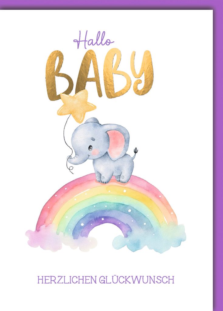 Geburt Baby Glückwunschkarte mit Umschlag Babyelefant auf Regenbogen Hallo Baby
