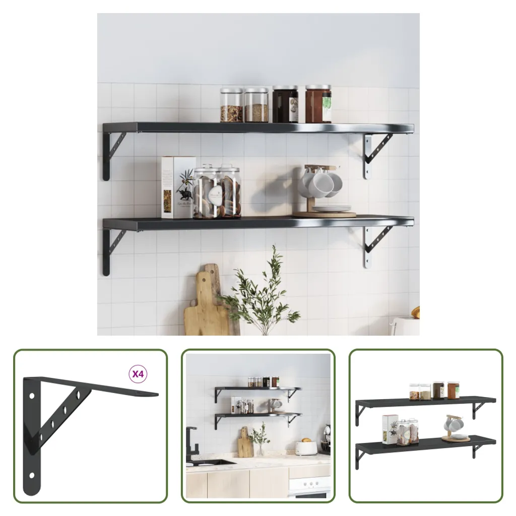Support étagère robuste en acier inoxydable noir 30x15,5 cm lot de 4