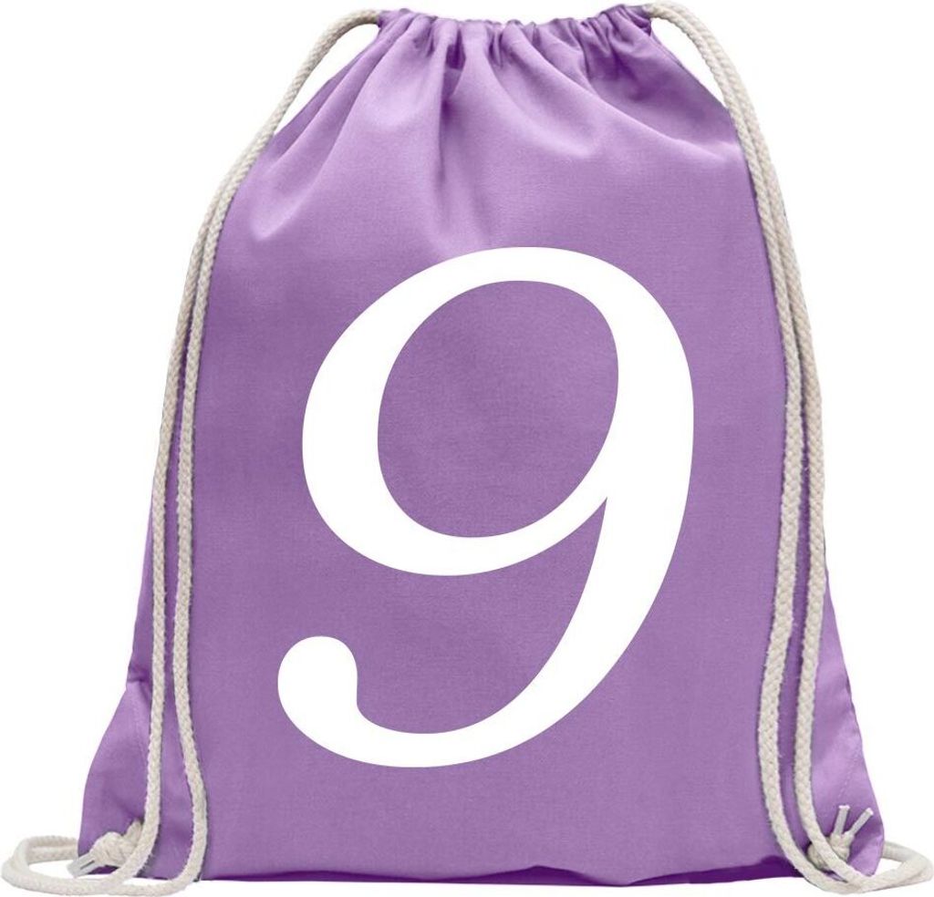 Kiwistar - Turnbeutel - lavendel - Zahl 9 - Zahlen Nummern - Fun Rucksack Sport Beutel Gymsack Baumwolle mit Ziehgurt