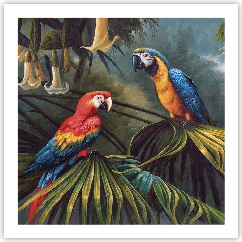 Poster - Poster ohne Rahmen - Ara Papageien Palmen - 60x60 cm - Wand Bild - Wanddeko - Wandbilder - Kunstposter - Wandposter - Bilder - Kunstdruck ...