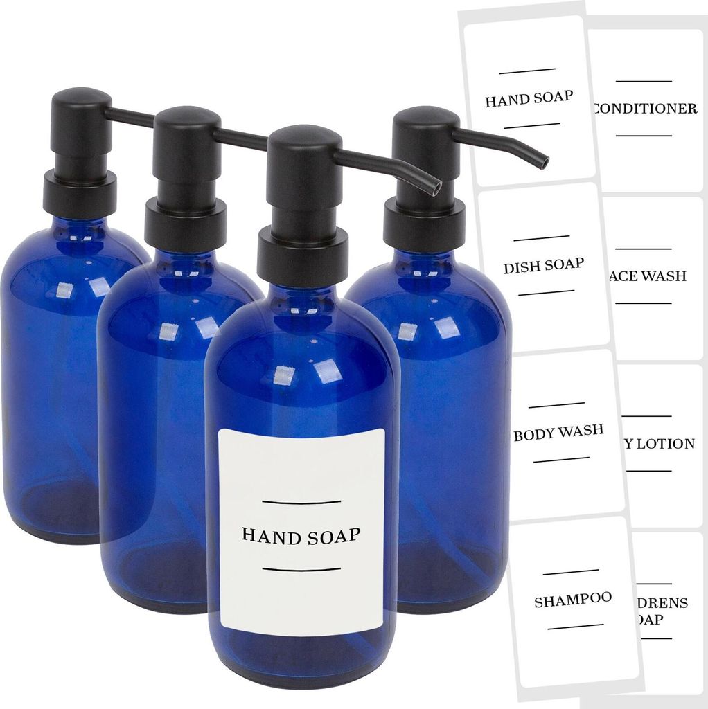 Harbor Housewares Seifenspender aus Glas mit Etiketten – 500 ml – Blau/Weiß – 4er-Pack