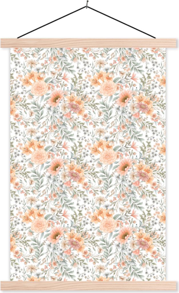 MuchoWow Textilposter Blumen - Muster - Pastell 40x60 cm mit holzfarbenen Rahmen - Poster