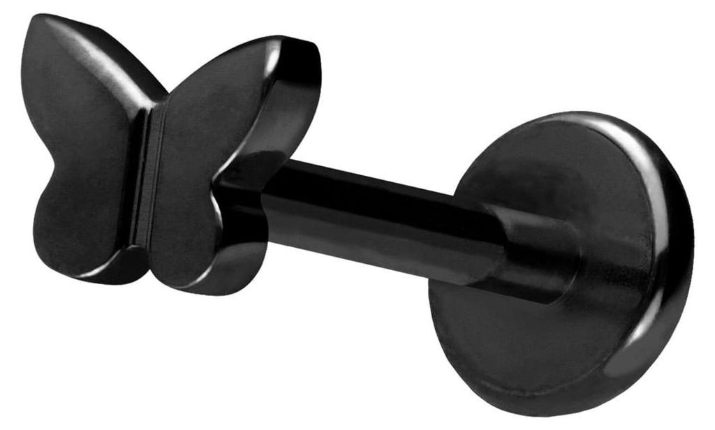 Ohrpiercing, Nasenpiercing Titan Labret mit Push Fit SCHMETTERLING Schwarz Stablänge: 10mm | Stabstärke: 1mm | Discgröße: 4,5mm