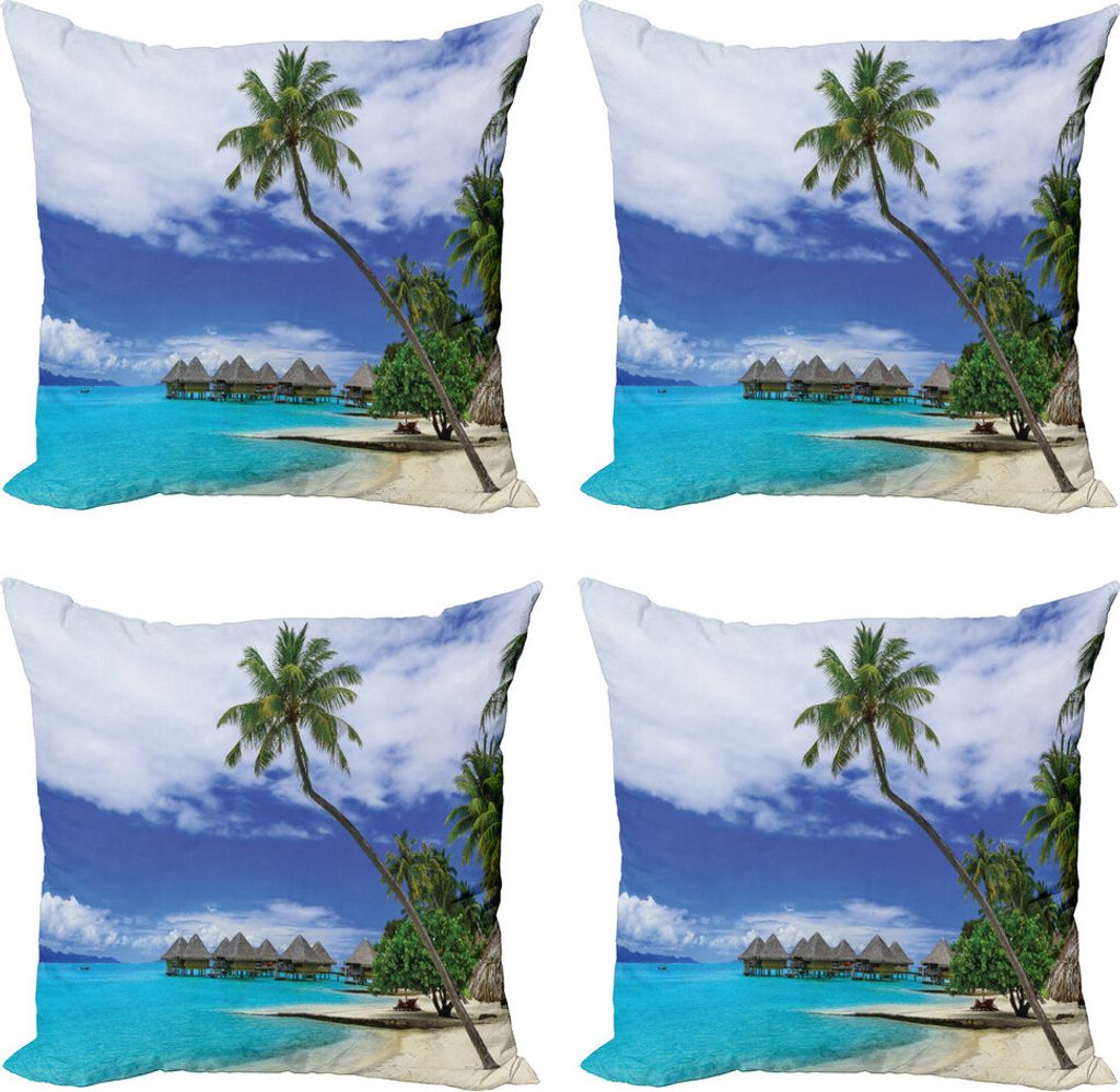 ABAKUHAUS Tropisch Kissenbezug Set (4 Stück), Insel Pasific Ozean, Moderner Doppelseitiger Digitaldruck, 60 cm x 60 cm, Grün, Blau, Weiß