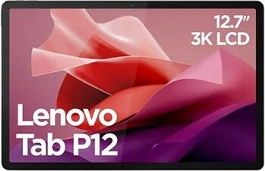A marketing image of a Lenovo Tab P12 tablet with abstract colorful fabric graphics.