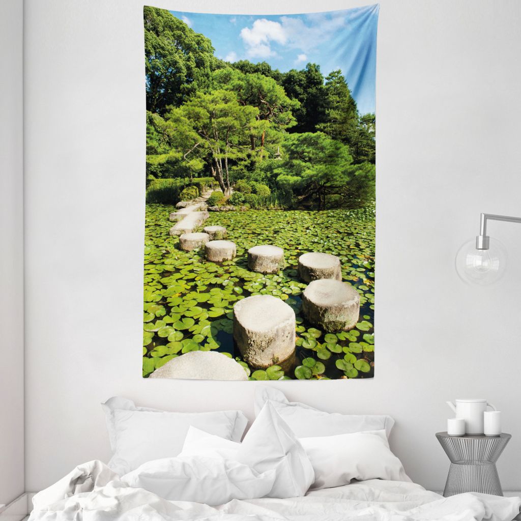 ABAKUHAUS Zen Wandteppich und Tagesdecke, Japanische Steinpfad Lotus aus Weiches Mikrofaser Stoff Waschbar ohne Verblassen Digitaldruck, 140 x 230 ...