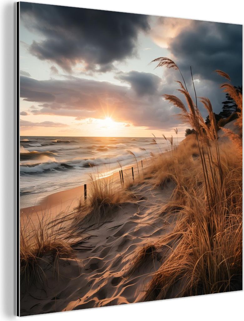 MuchoWow Wanddekoration Metall Metallbild Wandkunst 50x50 cm Strand - Dünen - Meer - Sand - Hochgras MuchoWow Aluminium Gemälde - Alubild - Indus...