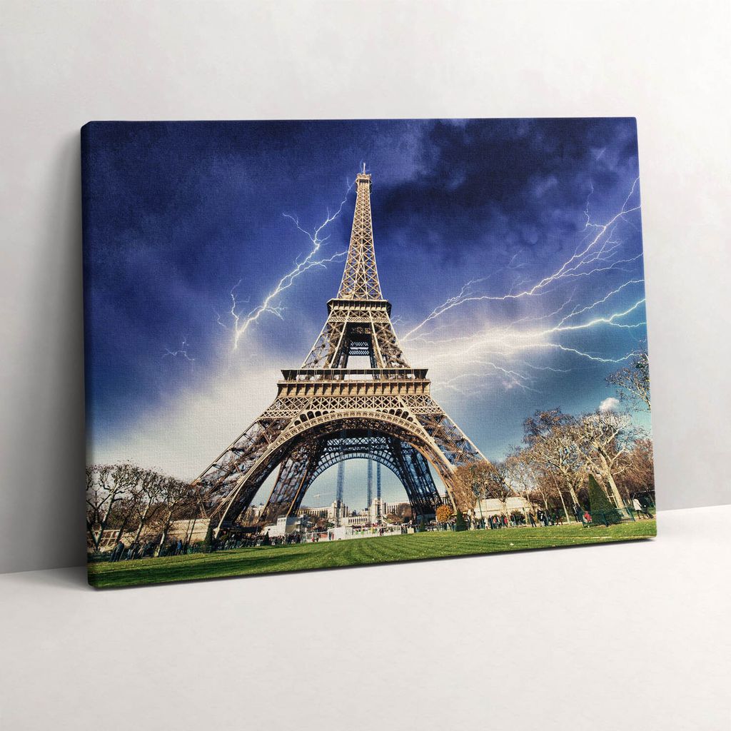 Eiffelturm, Blitz und Sturm – Leinwandbild Wandbild – 80x60 cm – Leinwandbilder – Wandbilder – Schlafzimmer – Flur