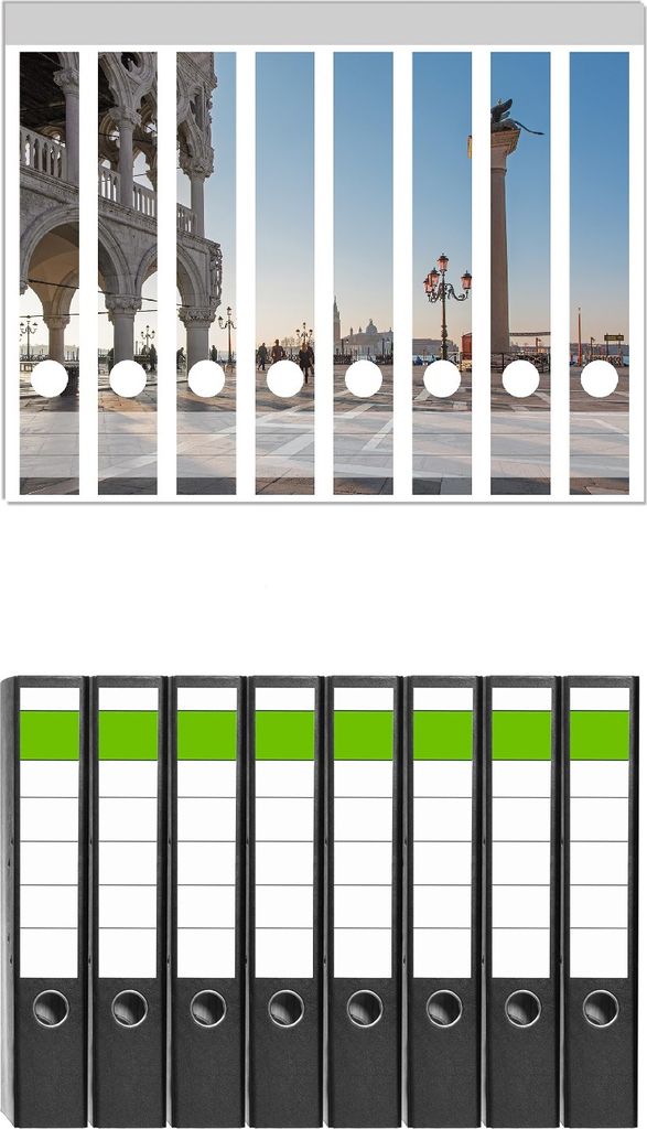 Wallario 8 Stück schmale Ordner inkl. Klebeetiketten mit Motive Venedig - Dogenpalast, Markusplatz und San Giorgio Maggiore I - Set mit Rückensch...